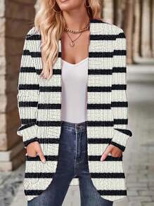 SHEIN LUNE Women's Casual Ribbed Fuzzy Contrast Ribbed Open Front Jacket With Side Pockets Shorts - Black and White - View 3