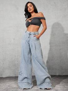 Denimoi Women Plain Pocket Decor Casual All-Match Loose Wide Leg Jeans