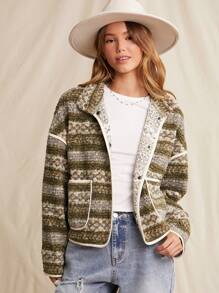 WESTFADE 春季多条纹图案对比滚边漏斗领长袖轻质羊羔绒泰迪夹克 - 彩色 - 查看 6