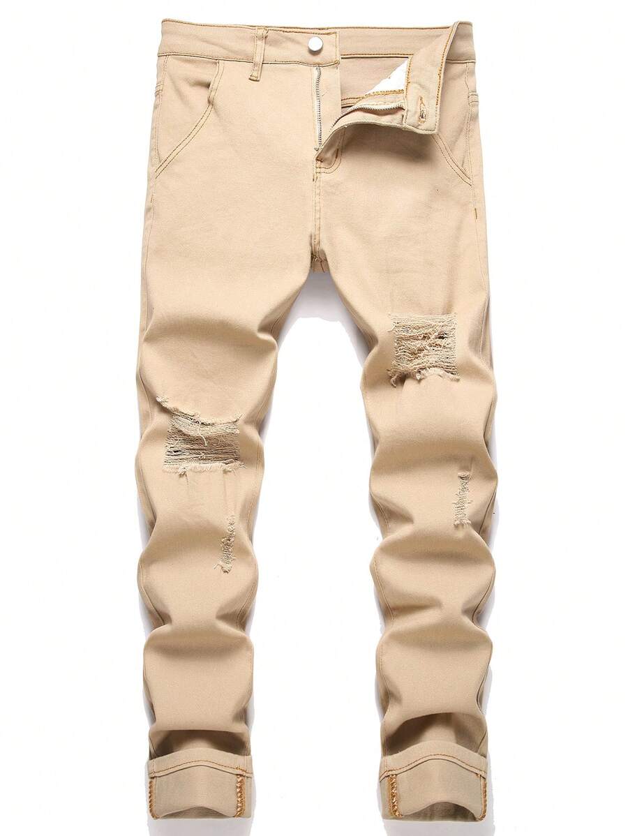 Manfinity Hypemode Herren Lässig Slim Fit Jeans in Unifarbe mit Abnutzungserscheinungen, schlichter slim fit Cargohose aus Washed Khaki, hell, ideal als Geschenk für Ehemann oder Freund - Khaki - Übersicht 1