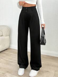 EURMUSE Women Solid Color High Waist Straight Pants - Black - View 3
