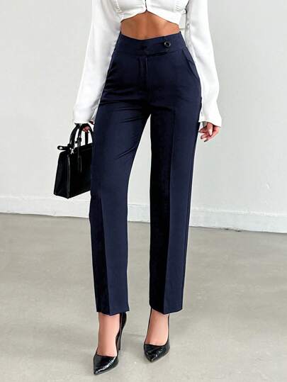 SHEIN PETITE Petite Size Women Casual/Office Solid High Waist Straight Leg Business Pants