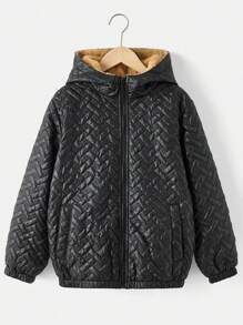 青少年男孩休闲纹理 PU 蓬松连帽宽松夹棉外套，冬季 - 黑色 - 查看 1