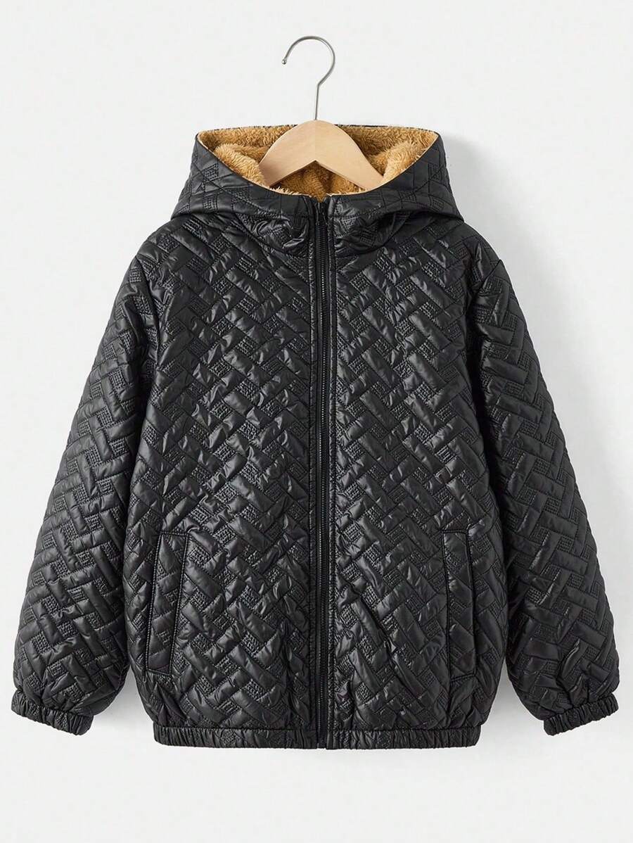 青少年男孩休闲纹理 PU 蓬松连帽宽松夹棉外套，冬季 - 黑色 - 查看 1
