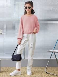 SHEIN Leap Crew Tween Girls Loose Retro Short Crew Neck Ribbed Long Sleeve T-Shirt - Dusty Pink - View 4