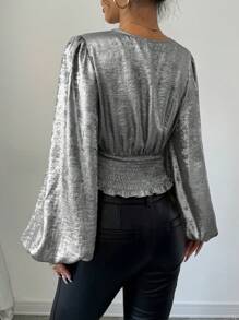 Chiquease Blouse élégante à manches longues, col en V, froncée, croisée et de couleur unie