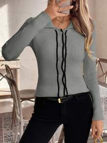 SHEIN LUNE French Style Elastic Ribbed Knit Cardigan Sweater, Contrast Color Trim, Turndown Collar - Light Grey - View 4