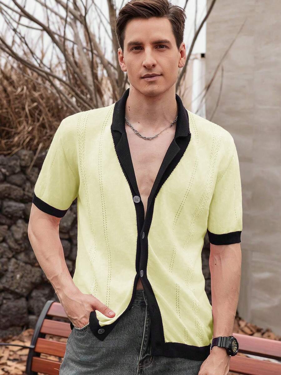 Manfinity Homme Men's Contrast Trim Button Front Knitted Casual Short Sleeve Sweater - Mustard Yellow - View 1