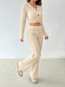 SHEIN PETITE Khaki Ribbed Knit Cardigan & Knit Pants - Apricot - View 4