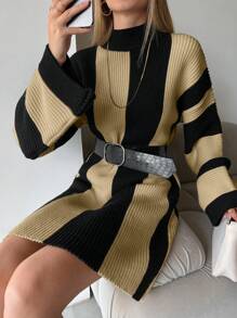 EURMUSE 女士休闲拼色条纹立领喇叭袖针织毛衣连衣裙，秋冬 - 彩色 - 查看 4