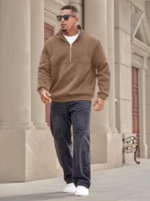 Manfinity Homme Plus Size Men's Solid Color Front Zip Up Relaxed Fit Sweatshirt, Casual - Khaki - View 3