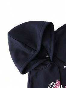 Manfinity EMRG Men's Autumn Letter Print Drawstring Hooded Sweatshirt And Sweatpants Casual Suit - Royal Blue - View 3