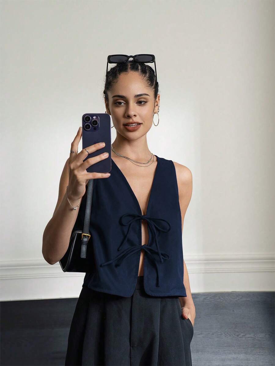 INAWLY Women Casual Solid Color Front Knot Loose Fit Tank Top, Summer - Navy Blue - View 1