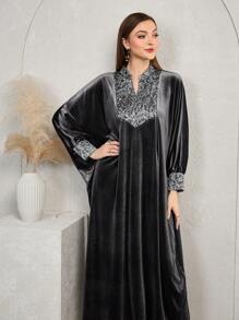 Al Najma New Velvet Fabric  Arabic Abaya Long Robe, Grey, Modest Elegant Butterfly Kaftan & Jalabiya, For Evening Party/Wedding Guest/Anniversary - Grey - View 3