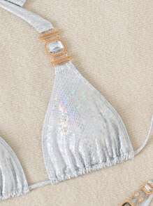 Women Printed Snake Skin String Micro Triangle Bikini Set With Metal Rhinestone Accessories, Holiday Series Summer - Silver - View 7