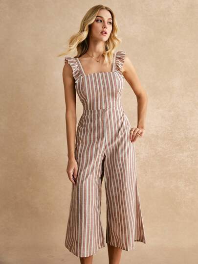 SHEIN Frenchy 荷葉邊袖口後繫帶條紋連身長褲