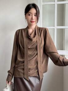 DAZY Solid Color Loose Flared Collar Long Sleeve Shirt For Women,Fall Clothes