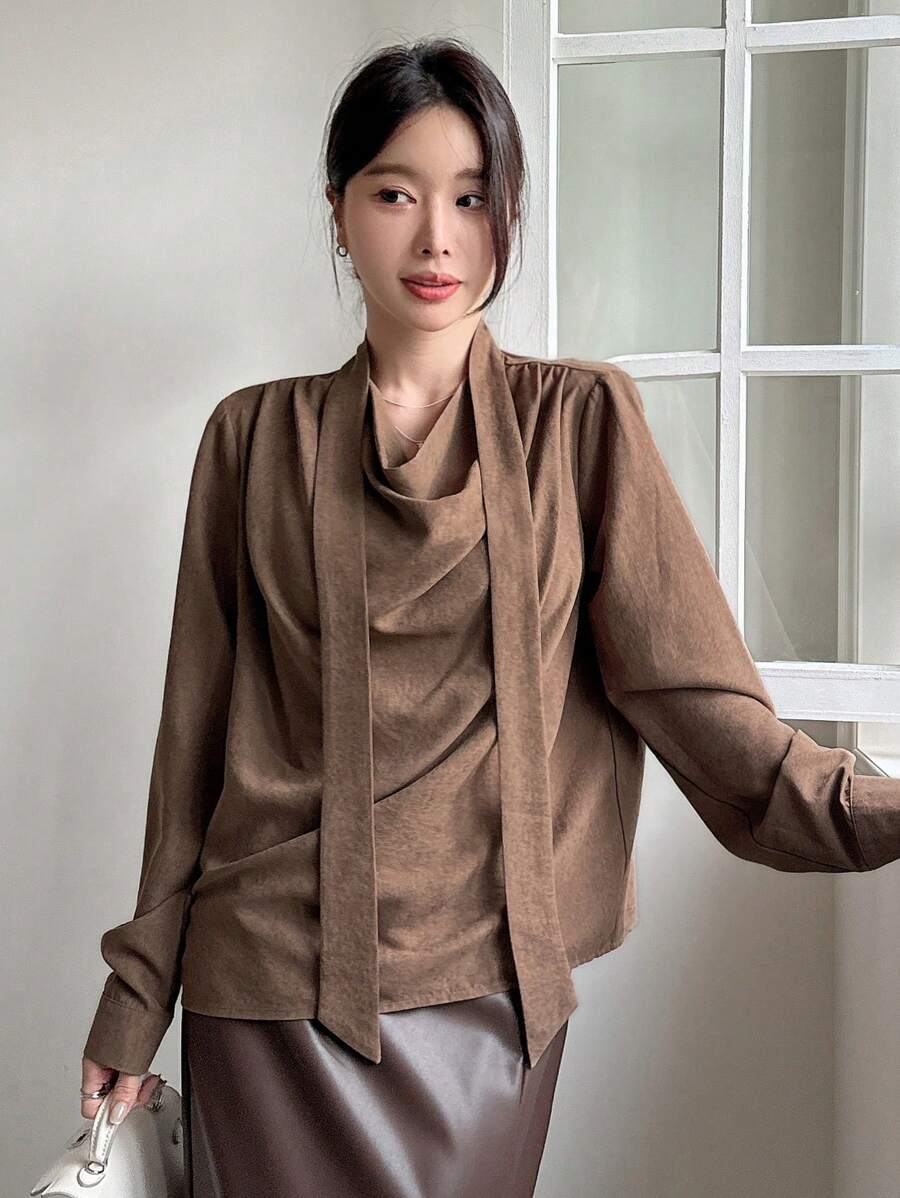 DAZY Solid Color Loose Flared Collar Long Sleeve Shirt For Women,Fall Clothes