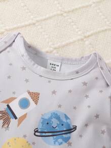 SHEIN 3pcs/Set Baby & Toddler Boys Casual Space Print Long Sleeve Long Romper Jumpsuit Pajama Set