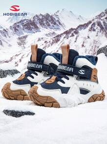 1pair Deep Blue Children's Plush Lined Short Boots, Thick Outdoor Sports Shoes For Boys/Girls, Winter Waterproof Warm Non-Slip Shoes, Suitable For Teenagers - Multicolor - View 1