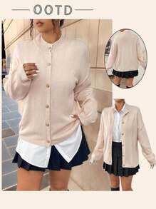 Calvaya Plus Size Women Solid Color Casual Metal Guzik Nietoperz Rękaw Kardigan