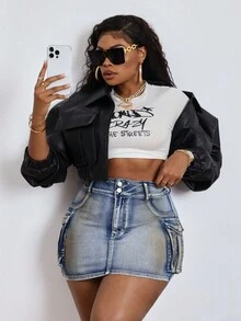 SHEIN EZwear Plus Size Denim Mini Skirt, Casual Fitted Stretch Cargo Style, Blue - Blue - View 4