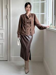 DAZY Solid Color Loose Flared Collar Long Sleeve Shirt For Women,Fall Clothes