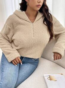 SHEIN Frenchy Plus Size Plain Zip-Up Long Sleeve Casual T-Shirt - Apricot - View 4