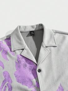Manfinity NXTstreet Men's Casual Loose Floral Print Short Sleeve Button Up Shirts, Fashionable For Daily Wear, For Friends - Dark Grey - View 4