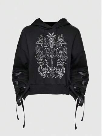 Goth Sudadera con capucha casual de mujer con cordón y estampado de insectos y calaveras, para otoño e invierno