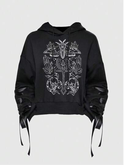 Goth Sweatshirt à capuche croisé avec cordon de serrage, imprimé insecte et crâne, style décontracté pour femmes, automne/hiver