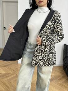 SHEIN EZwear 大码女式休闲豹纹收腰连帽加厚外套，可双面穿 - 彩色 - 查看 7