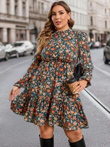 SHEIN Clasi Vestido largo con cintura estampado de flores pequeñas, talla grande, otoño/invierno