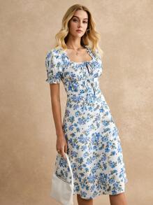 SHEIN Frenchy Floral Print Knot Front Puff Sleeve Split Thigh Milkmaid Dress Summer Vacation Flower Blue Beach - Blue - View 2