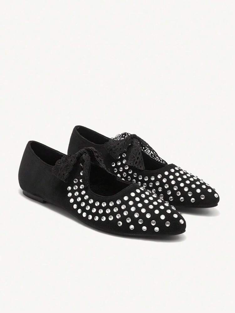 CUCCOO CHICEST Women's Pointed Toe Rhinestone Lace-Up Black Flat Loafers Valentines