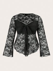 SHEIN EZwear Plus Size Women Sheer Lace Flare Sleeve Self-Tie Front Top - Black - View 1