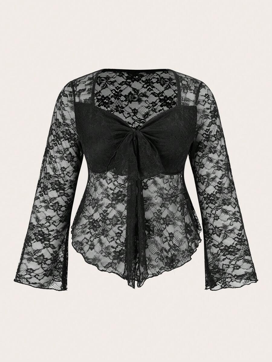 SHEIN EZwear Plus Size Women Sheer Lace Flare Sleeve Self-Tie Front Top - Black - View 1