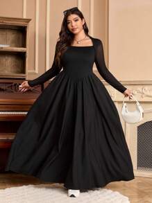 大码黑色复古网眼披肩领连衣裙 - 黑色 - 查看 3