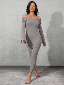 Denimoi Vestido minimalista feminino de cor sólida, ombros à mostra, mangas longas, amarração nas costas, recortes - Cinza - Visão 7