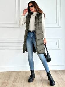 EURMUSE Chaleco casual con capucha y cremallera de unicolor para mujer, para invierno - Verde Oscuro - Ver 6