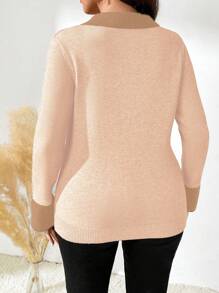 SHEIN LUNE Áo len dệt kim cổ polo tay dài dáng rộng cho nữ cỡ lớn, mùa thu/đông - Màu be - Xem 2