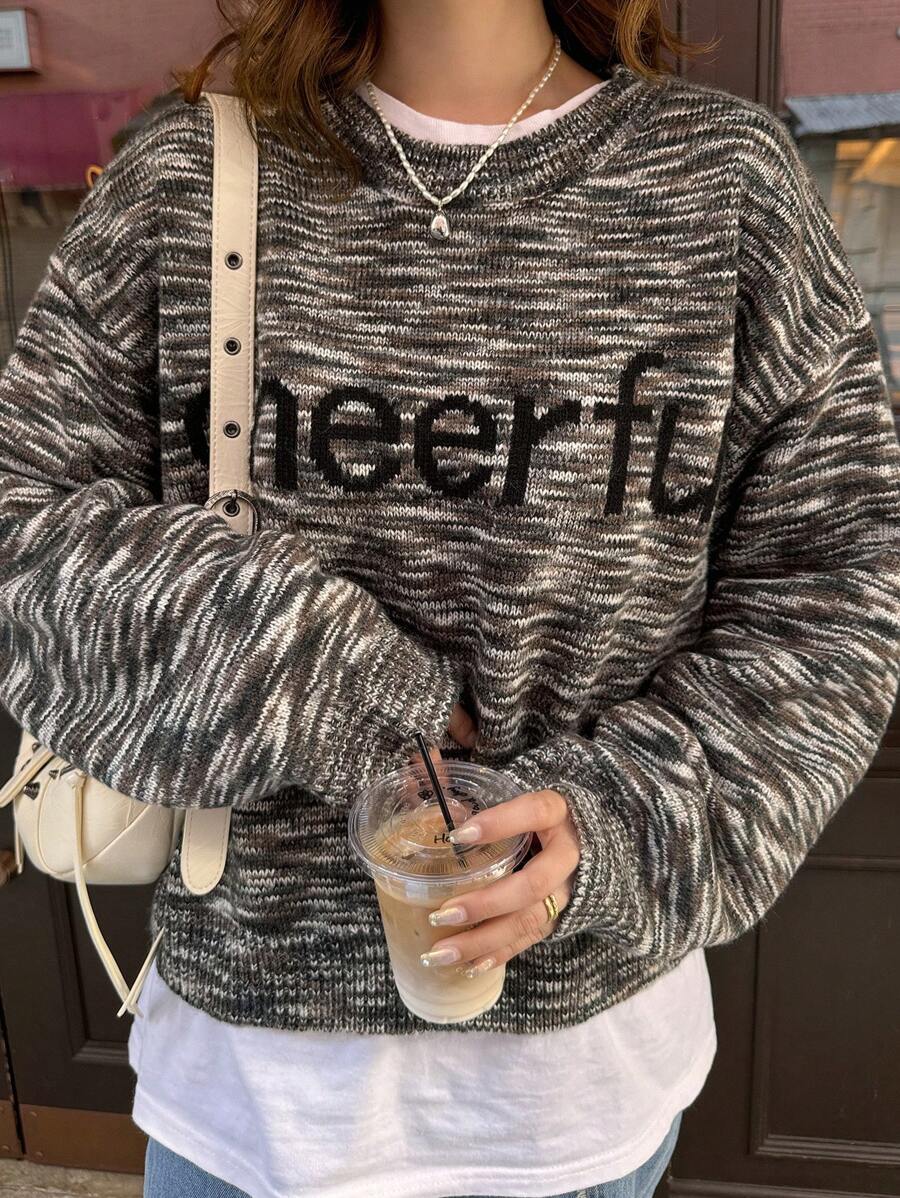 FRIFUL Women Casual Mixed Fiber Letter Pattern Loose Pullover Sweater, Autumn/Winter - Multicolor - View 1