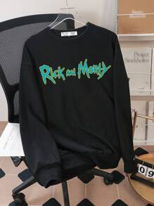Rick and Morty X SHEIN Men Casual Cartoon Character And Slogan Graphic Oversized Dropped Shoulder Black Pullover Sweatshirt, Spring/Autumn