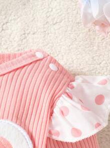 1set Baby Girls Spring Autumn Winter Long Sleeve Bodysuit With Cute Bear Embroidery, Ribbed Collar & Snap Button, And 1set Denim Skirt With Distressed Pockets, Fuzzy Patch & Headband, Suitable For Casual Outing & Play - Pink - View 5