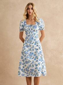 SHEIN Frenchy Floral Print Knot Front Puff Sleeve Split Thigh Milkmaid Dress Summer Vacation Flower Blue Beach - Blue - View 6