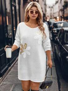 SHEIN LUNE فستان نسائي بياقة دائرية منسوج بخرز مطرز للسيدات البدينات، طول الركبة، متقشف مناسب للخريف/الشتاء أللسمات البدينة، مناسبٌ للهالوين، رأس السنة، عيد الحب، ، ، عيد الفصح، الحفلات، ليلة رأس السنة، فستان تبريدي، ملابس تخفف التوتر، ثوب سهرة، موضة أنيقة للنساء، بدلة ترفيهية