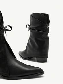 CUCCOO CHICEST Women's Fashion Black Thick Heel Pointy Toe Boots With Bow Decor For Christmas And New Year Holiday