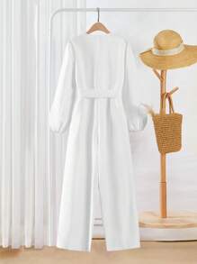 SHEIN LUNE Women's Solid Color V-Neck Front Tie Casual Long Sleeve Jumpsuit - White - View 2