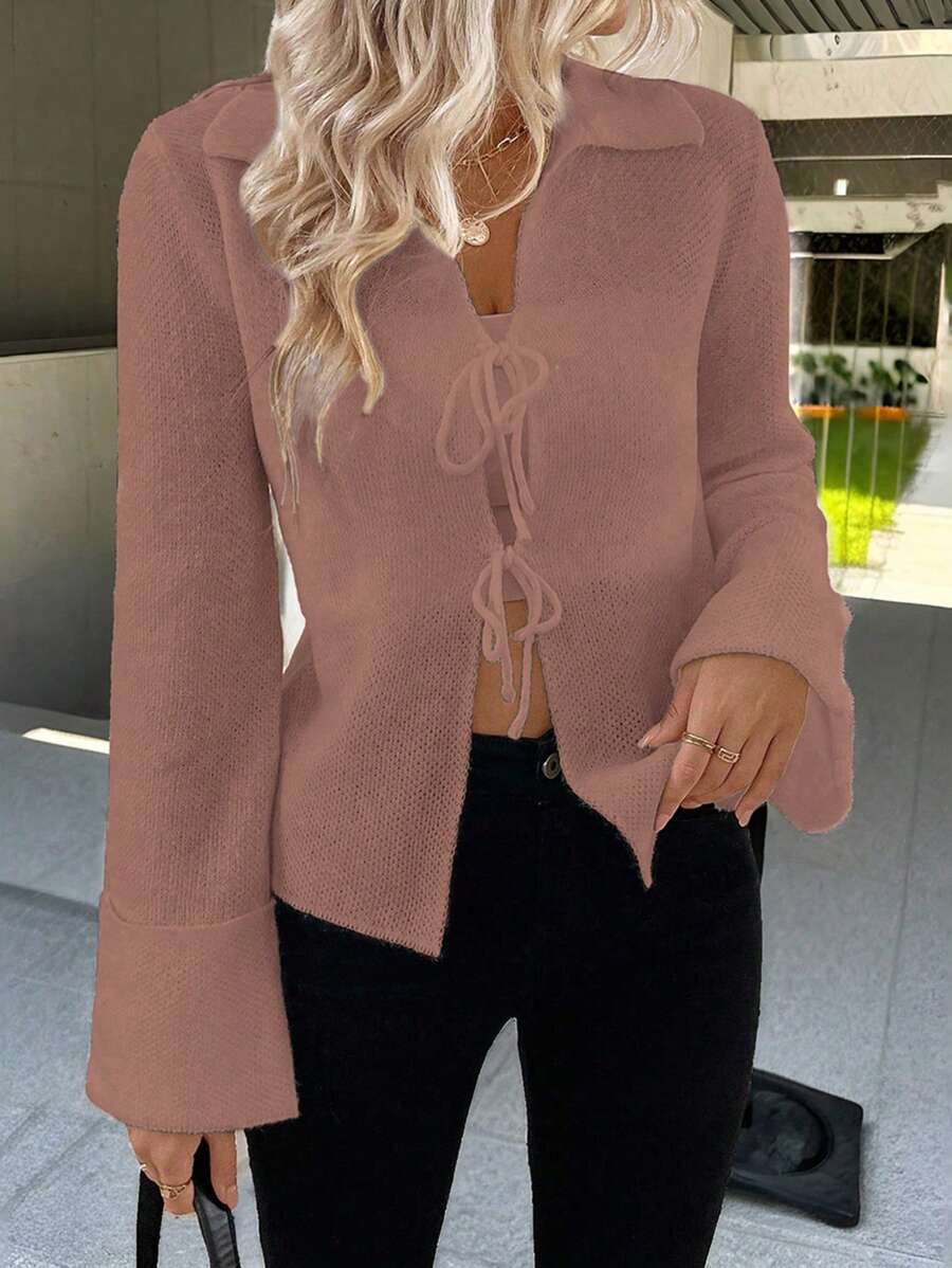 SHEIN Unity Cardigan relajado con nudo delantero ajustable y cuello, color beige - Rosa vieja - Ver 1