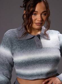 MUSERA Plus Size Light Blue Striped Knit Collared Long Sleeve Cropped Jumper,Autumn Smart Casual School Style,Casual Dailywear Holiday Work Vacation Jumper - Black and White - View 4